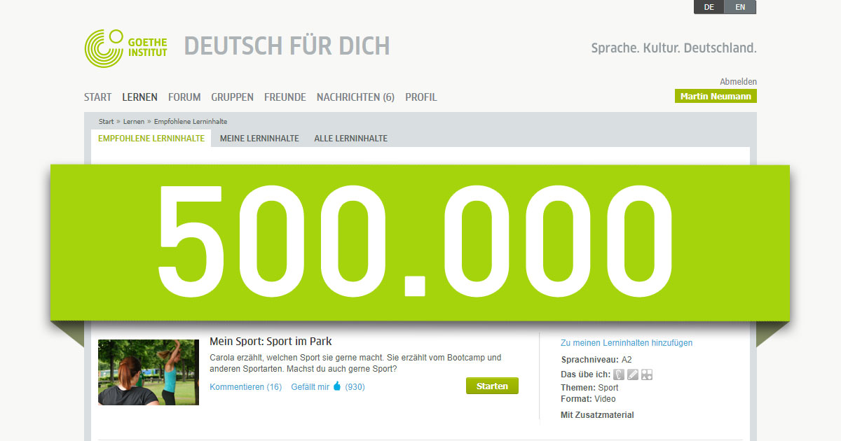 Deutsch f&uuml;r Dich feiert 500.000 Nutzerinnen und Nutzer