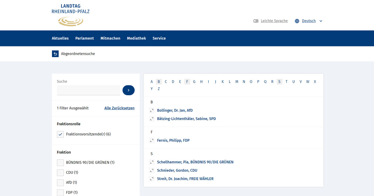 Landtag Rheinland-Pfalz Abgeordnetensuche gefiltert