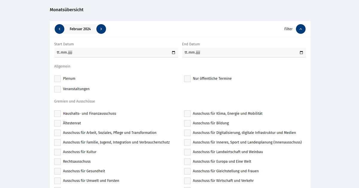 Landtag Rheinland-Pfalz Kalender mit Filter