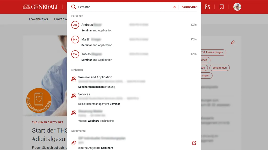 Generali Deutschland Intranet - Suche Flyout