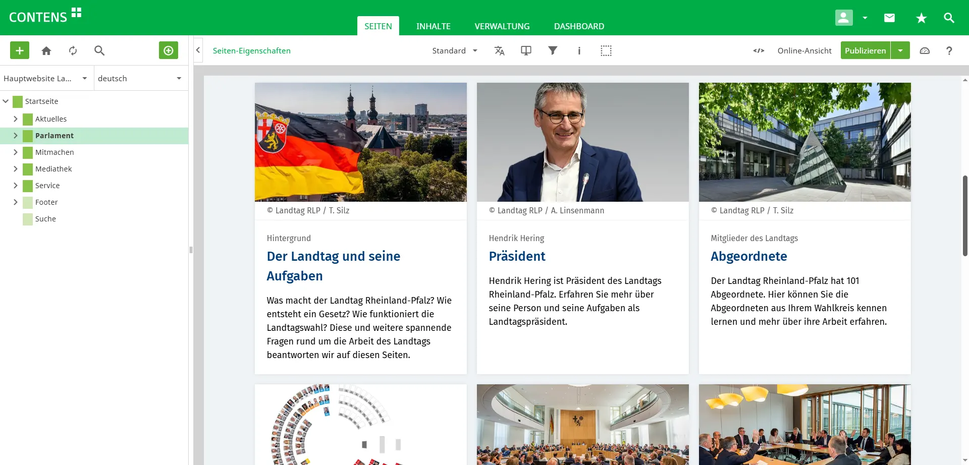 Verteilerseite "Parlament" des Landtag Rheinland-Pfalz im CONTENS CMS