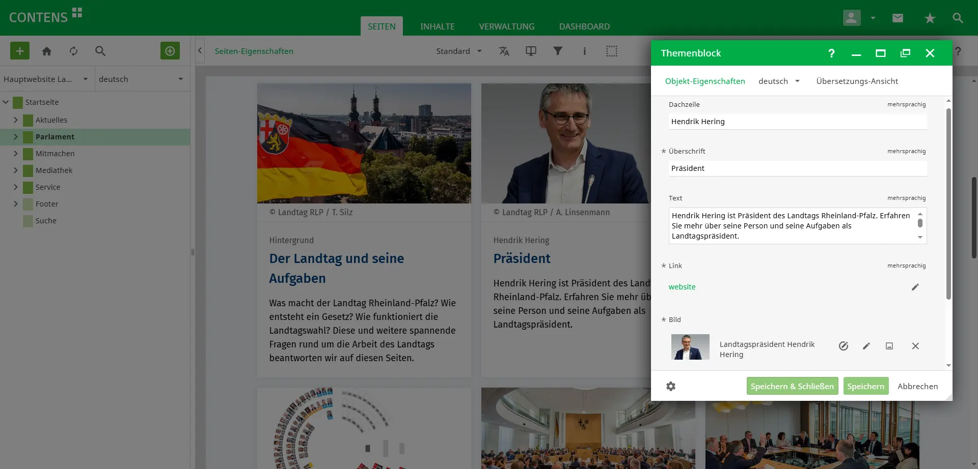 Verteilerseite "Parlament" des Landtag Rheinland-Pfalz im CONTENS CMS mit Edit-Fenster