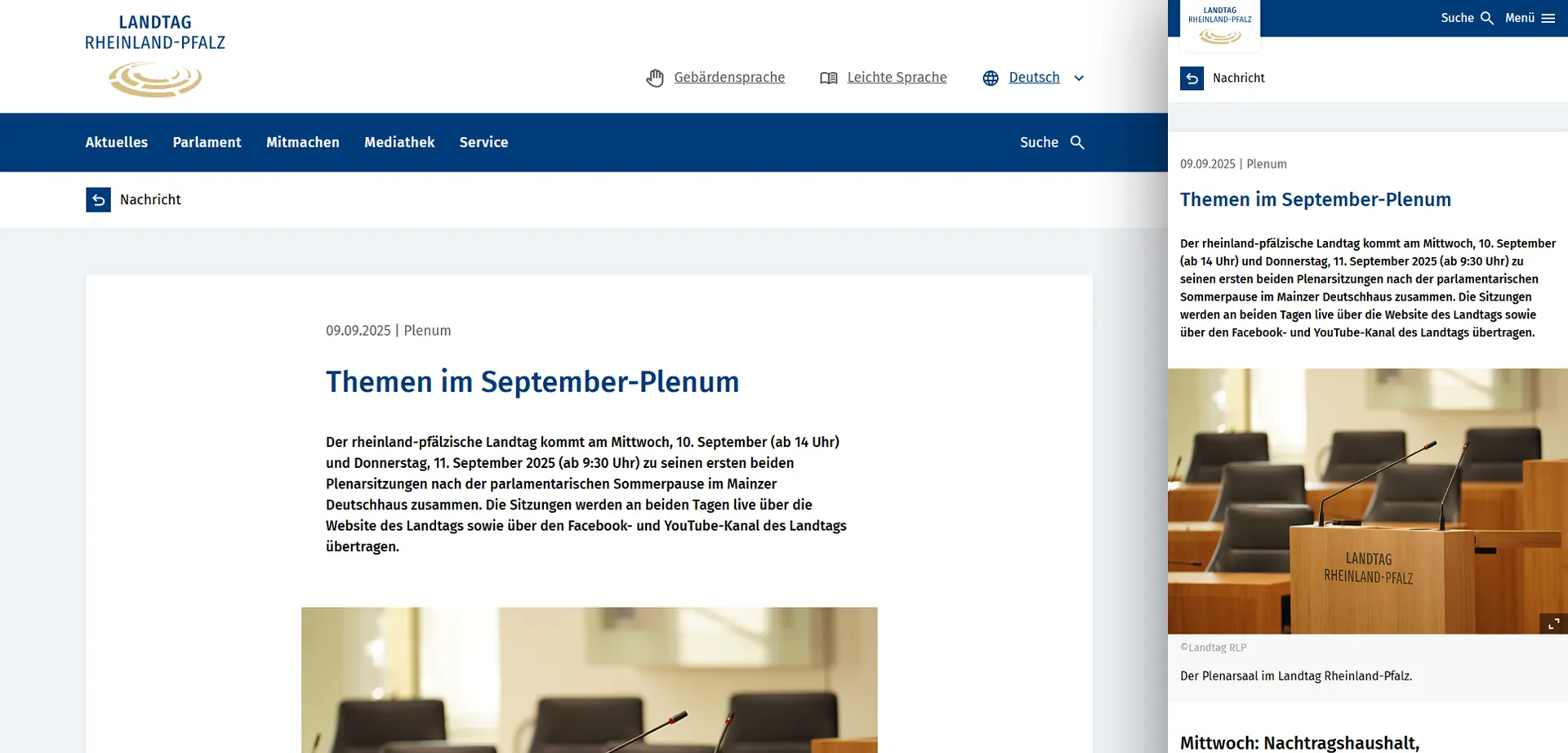 Nachricht des Landtag Rheinland-Pfalz im Responsive Design