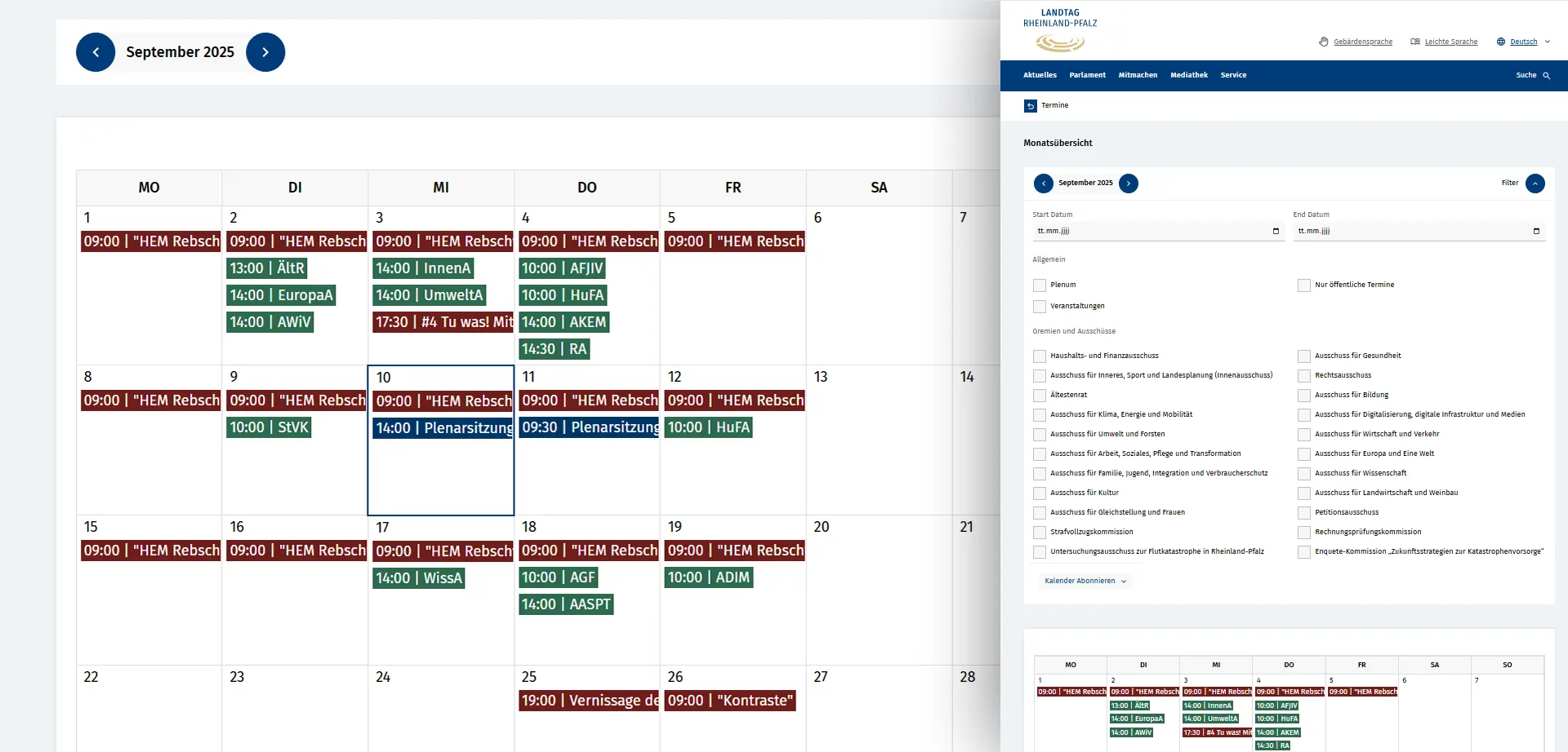 Kalender des Landtag Rheinland-Pfalz im Responsive Design