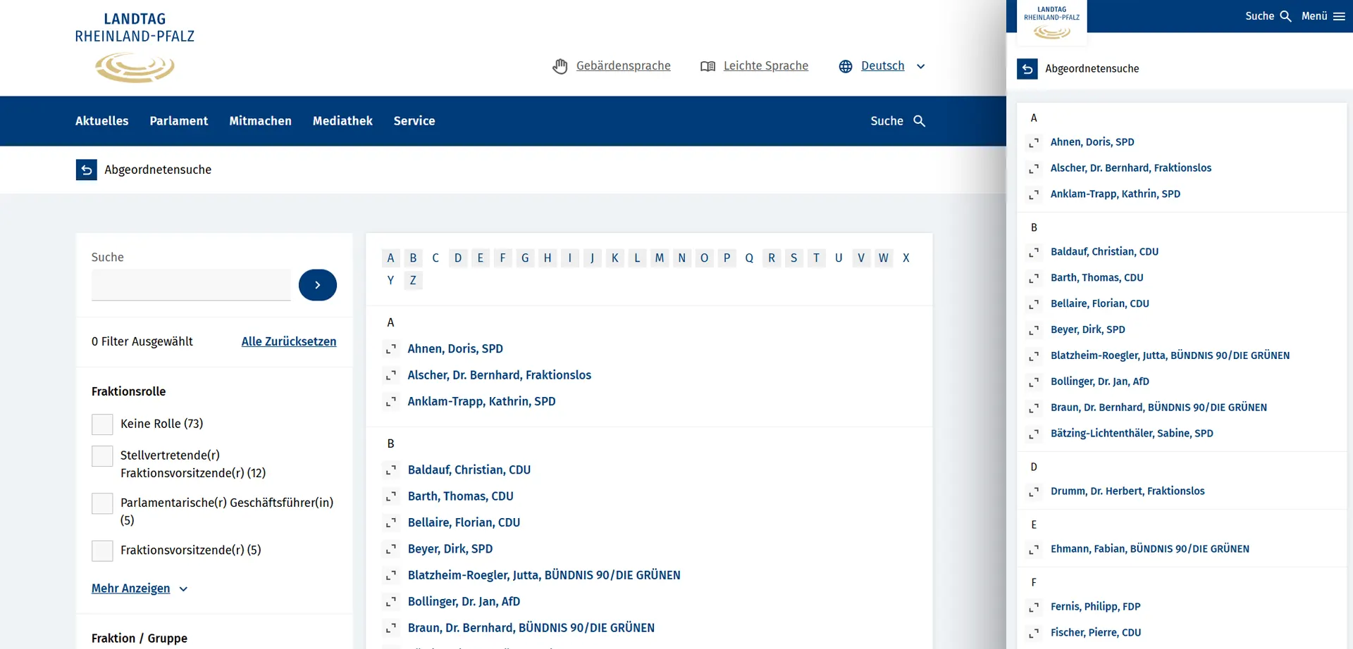 Abgeordnetensuche des Landtag Rheinland-Pfalz im Responsive Design