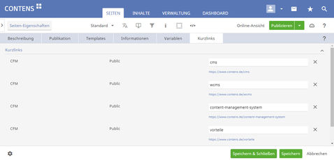 CONTENS CMS Shortlinks in CONTENS