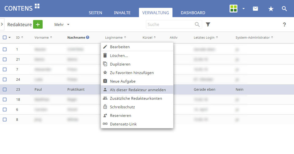 CONTENS Tipp - Als anderer Redakteur anmelden - Verwaltung