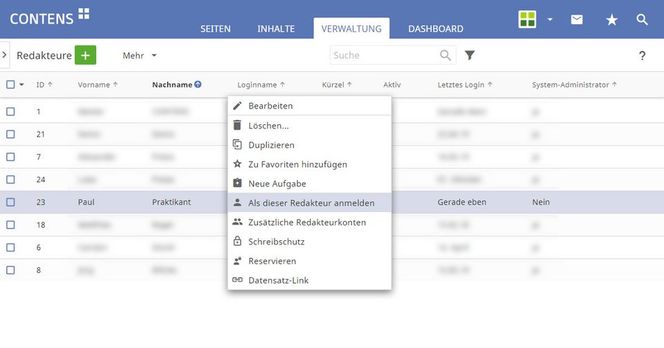 CONTENS Tipp - Als anderer Redakteur anmelden - Verwaltung