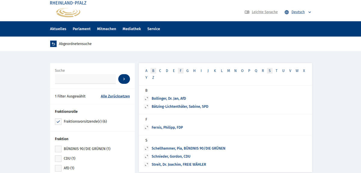 Landtag Rheinland-Pfalz Abgeordnetensuche gefiltert