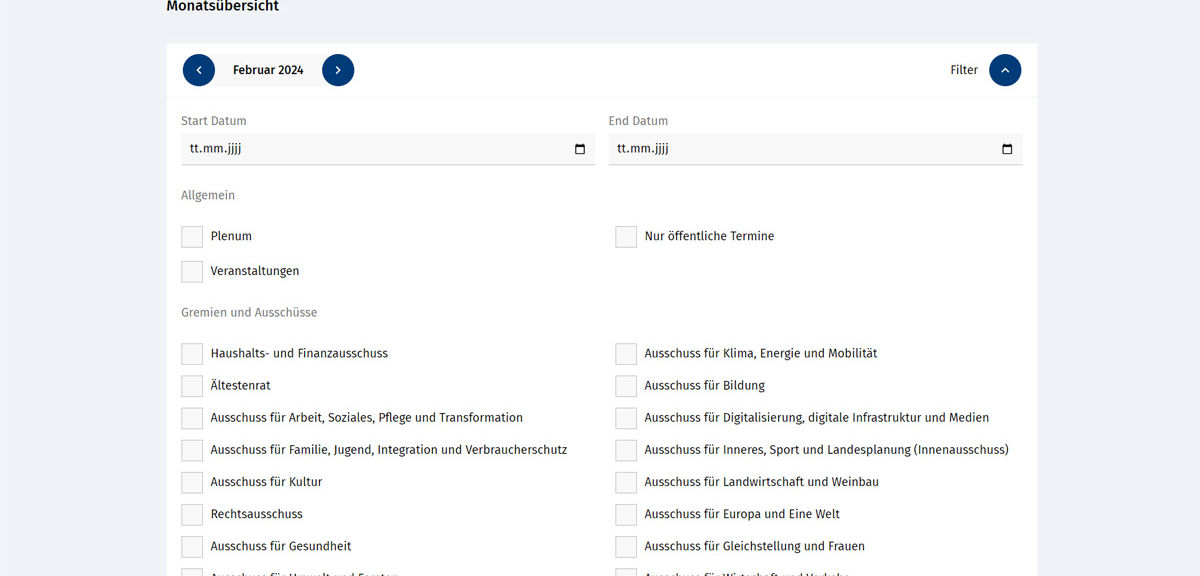 Landtag Rheinland-Pfalz Kalender mit Filter