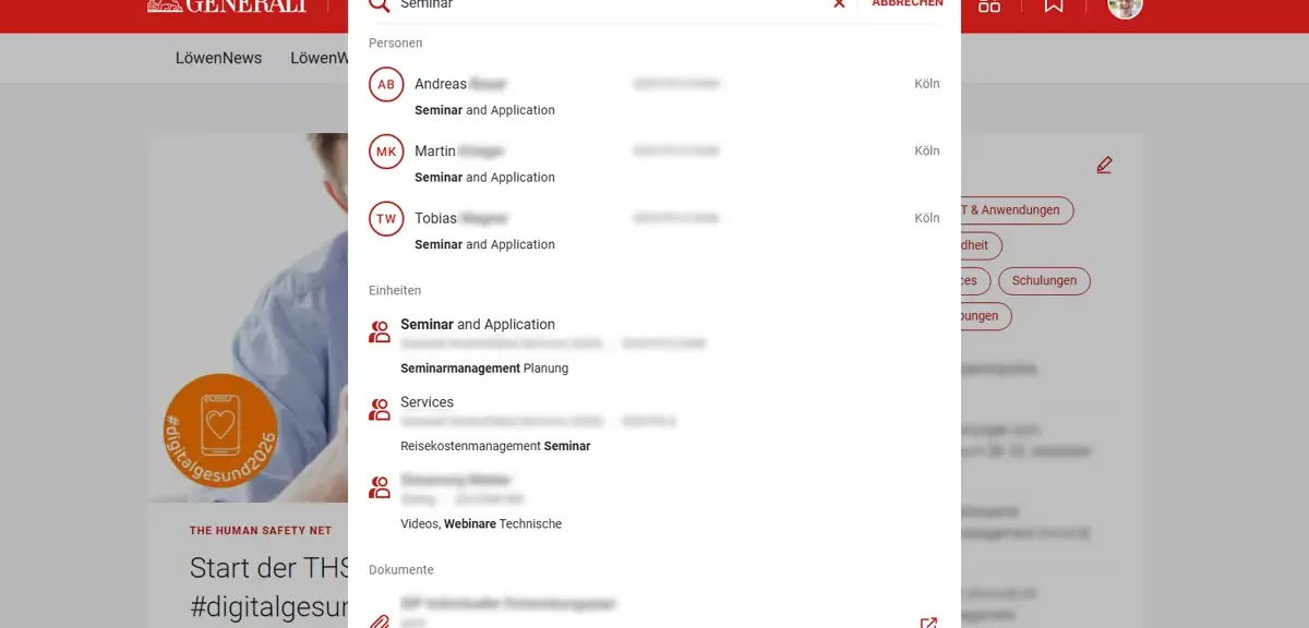 Generali Deutschland Intranet - Suche Flyout